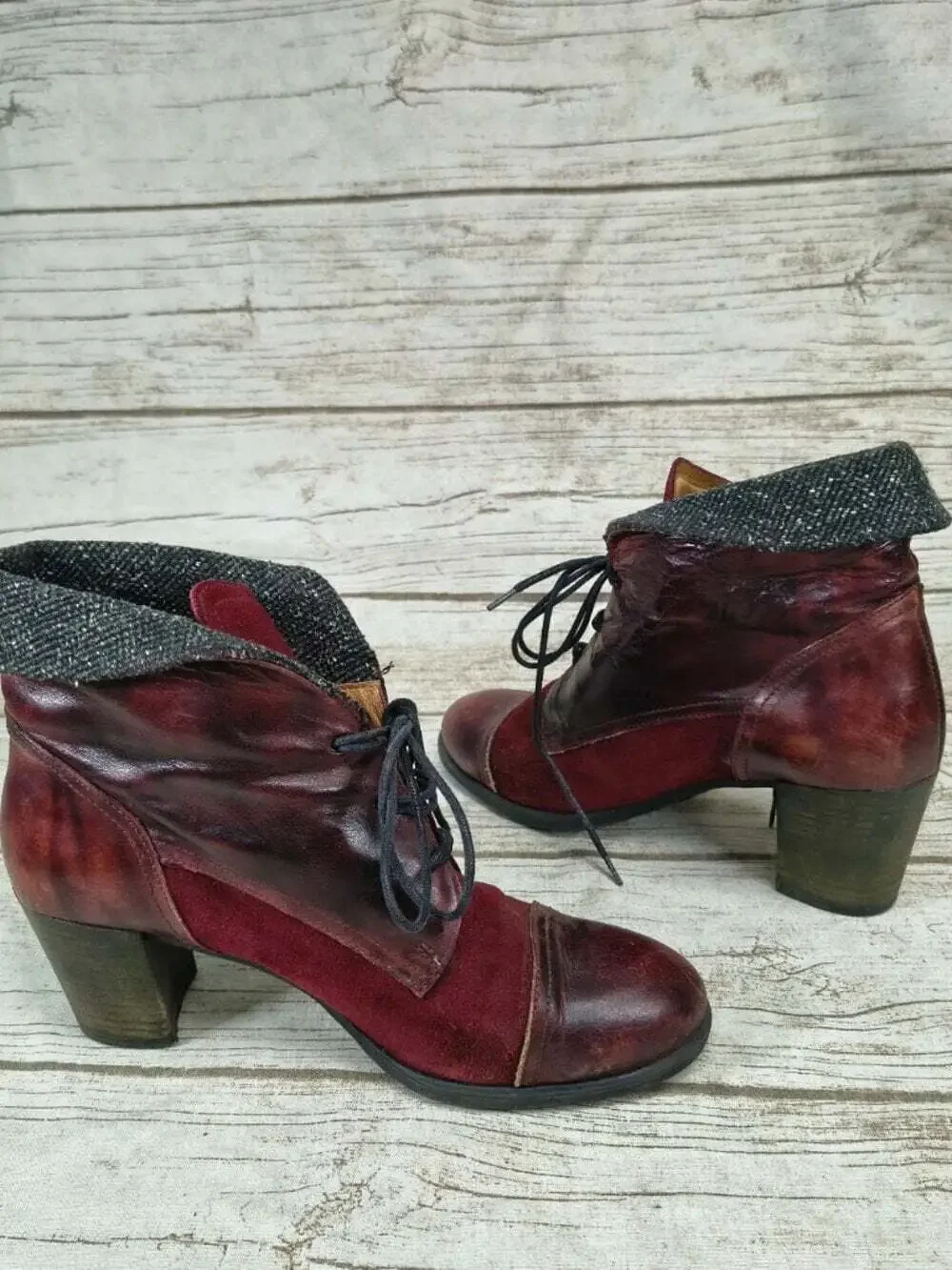 Hispanitas Burgundy Leather Suede Lace Up Ankle Boots Cuffed Tweed Collar EU 39